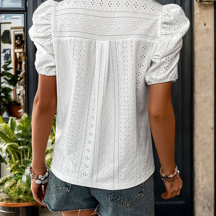 Lace Detail Eyelet V-Neck Short Sleeve Blouse