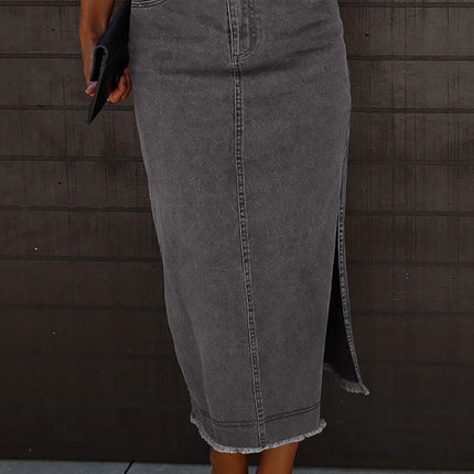 Raw Hem Slit Pocketed Midi Denim Skirt