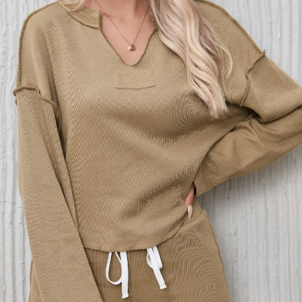 Exposed Seam Long Sleeve Top and Drawstring Shorts Set