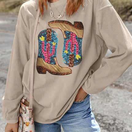 Full Size Sequin Boots Round Neck Long Sleeve Sweatshirt