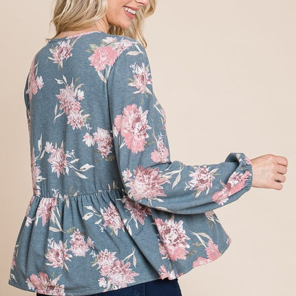 Super Lady Full Size Babydoll Floral Long Sleeve Blouse