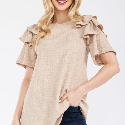 Celeste Full Size Ruffle Layered Short Sleeve Texture Top