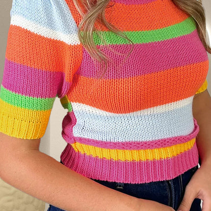 Color Block Round Neck Half Sleeve Knit Top