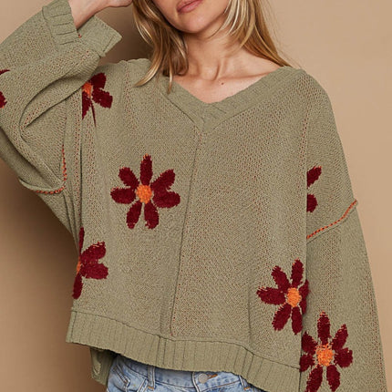 POL V-Neck Floral Pattern Chenille Sweater