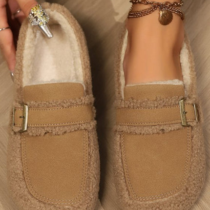 Fuzzy Buckle Flat Slip-Ons