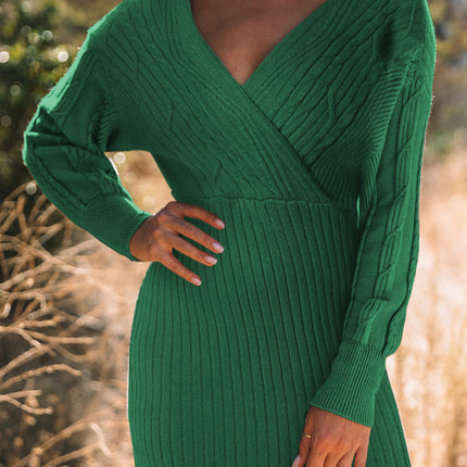 Cable-Knit Surplice Lantern Sleeve Sweater Dress