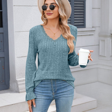 Lace Detail V-Neck Long Sleeve T-Shirt