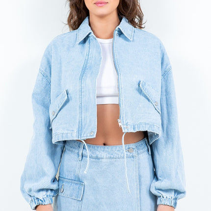 American Bazi Drawstring Waist Crop Denim Jacket