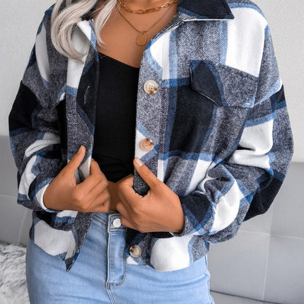 Plaid Collared Neck Long Sleeve Jacket