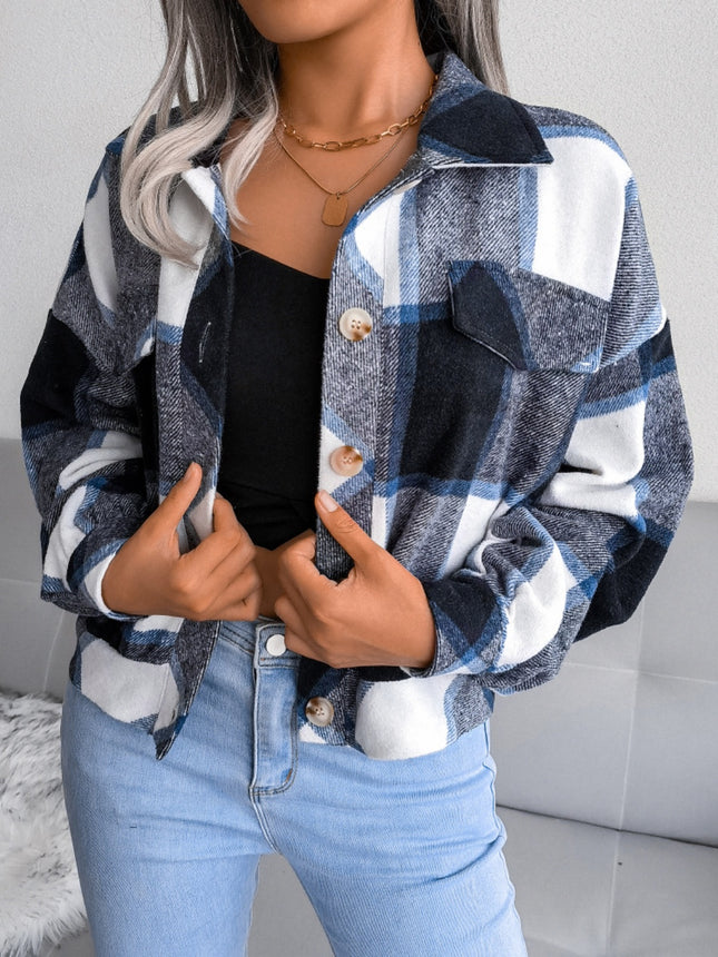 Plaid Collared Neck Long Sleeve Jacket