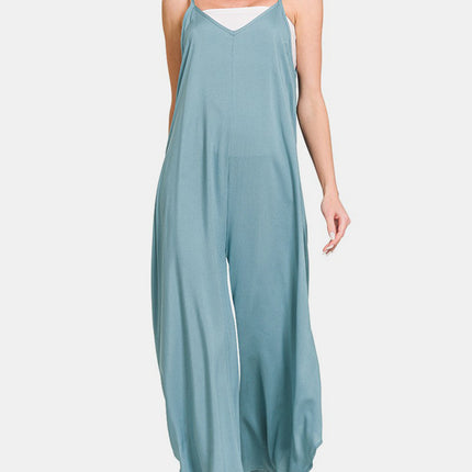 Zenana Spaghetti Strap Wide Leg Overalls with Pockets