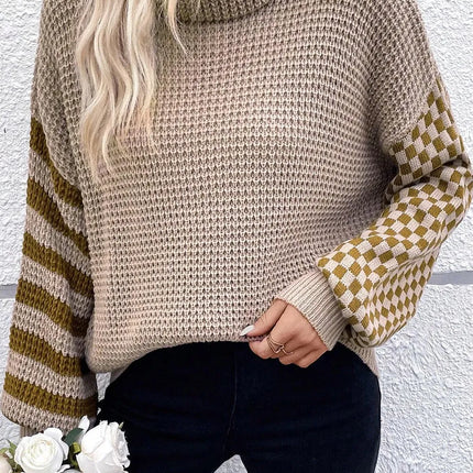 Checkered Striped Turtleneck Long Sleeve Sweater