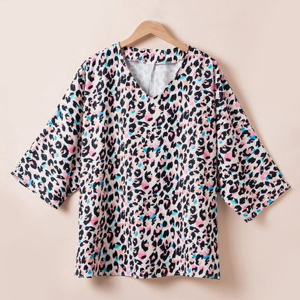 Plus Size Leopard V-Neck Three-Quarter Sleeve Blouse