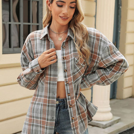 Pocketed Plaid Collared Neck Long Sleeve Shirt