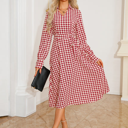 Tied Houndstooth Long Sleeve Midi Dress