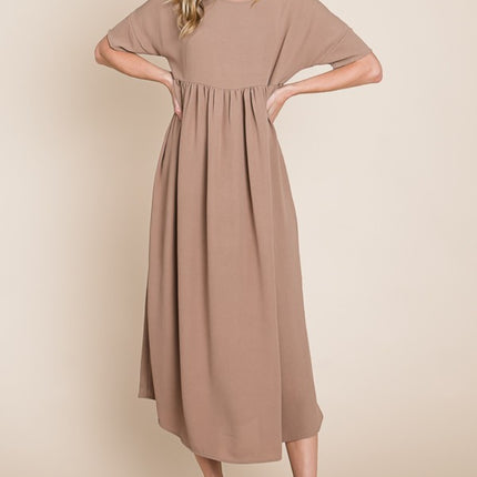 BOMBOM Round Neck Ruched Midi Dress