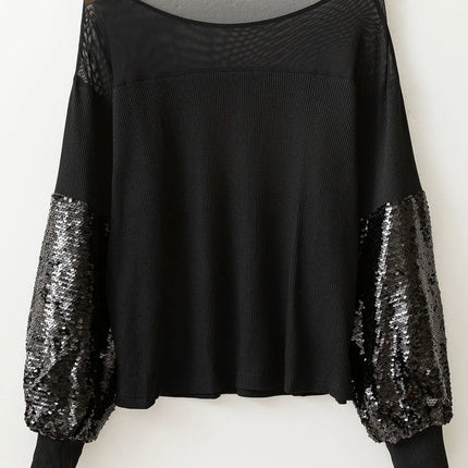 Sequin Boat Neck Long Sleeve Blouse