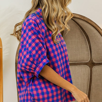 BiBi Plaid Button Up Dolman Sleeve Shirt