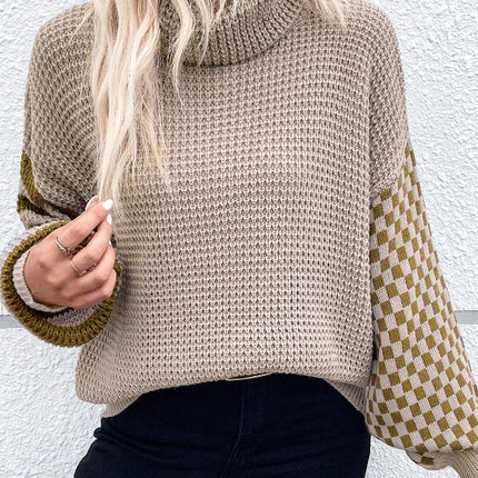 Striped & Checkered Turtleneck Dropped Shoulder Sweater