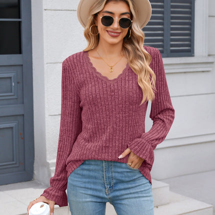 Lace Detail V-Neck Long Sleeve T-Shirt