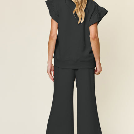 Double Take Texture Ruffle Short Sleeve Top and Drawstring Wide Leg Pants Set