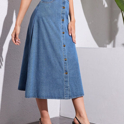 Buttoned Midi Denim Skirt with Pockets