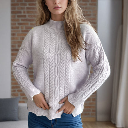 Cable-Knit Mock Neck Dropped Shoulder Sweater