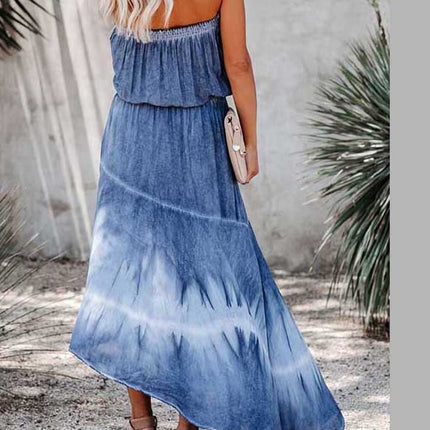 Smocked High-Low Tube Denim Dress