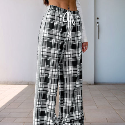 Perfee Drawstring Plaid Wide Leg Pants