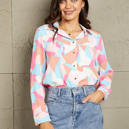 Double Take Multicolored Long Sleeve Collared Shirt