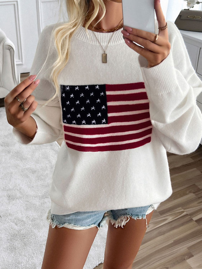 Devine US Flag Round Neck Long Sleeve Knit Top - Vickie Lynn's