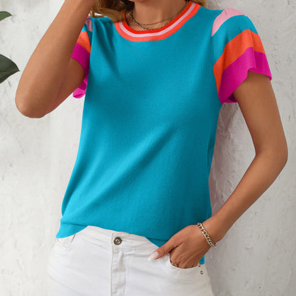 Mandy Contrast Round Neck Short Sleeve Knit Top