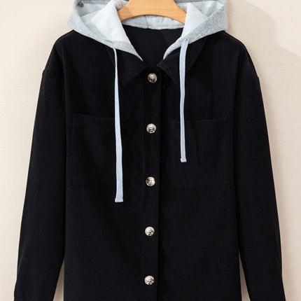 Drawstring Button Up Long Sleeve Hooded Jacket - Vickie Lynn's