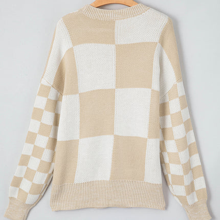 Checkered Round Neck Drop Shoulder Sweater