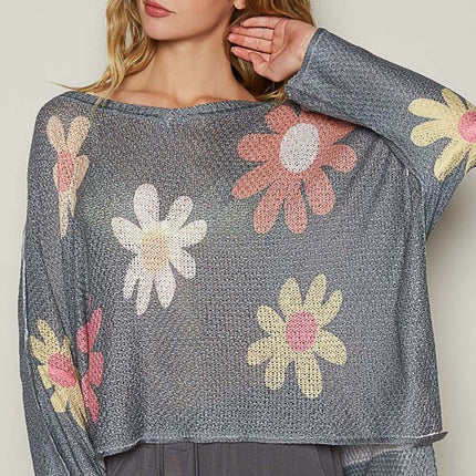 POL Flower Dropped Shoulder Long Sleeve Knit Top