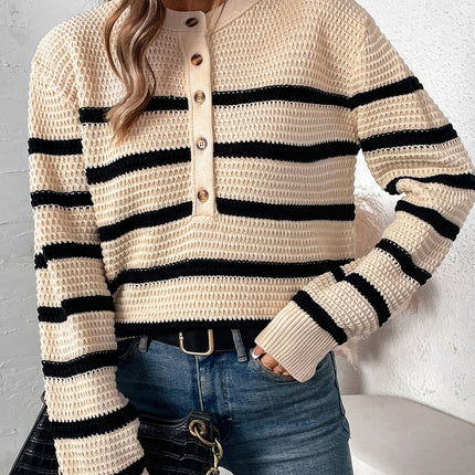 Perfee Striped Half Button Long Sleeve Sweater