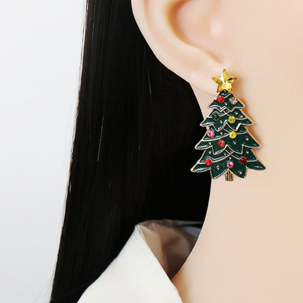 Alloy Inlaid Rhinestone Christmas Tree Earrings