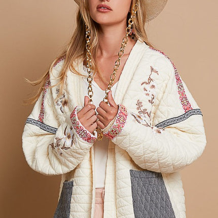 POL Embroidered Open Front Long Sleeve Jacket