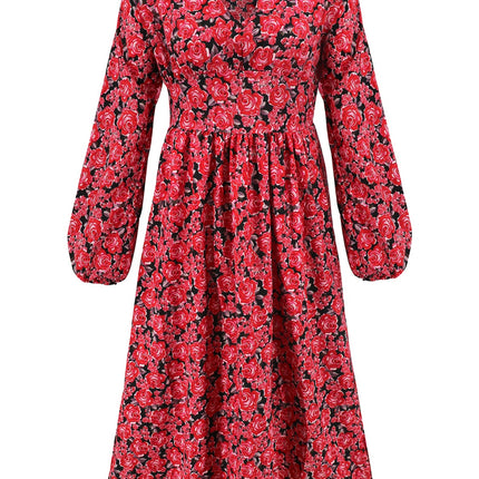 Floral V-Neck Long Sleeve Midi Dress