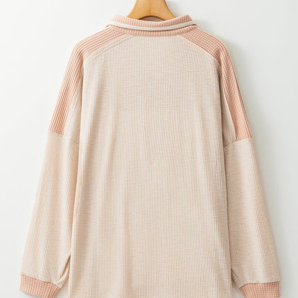 Waffle-Knit Color Block Half Button Long Sleeve Top