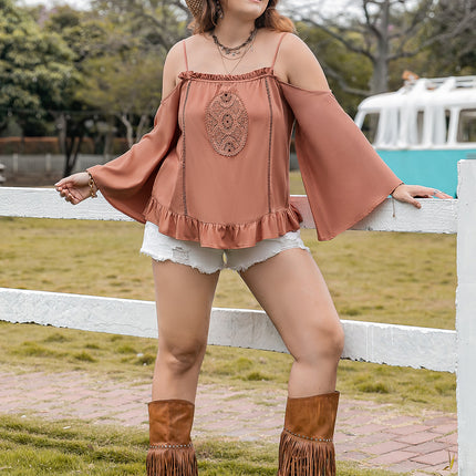 Plus Size Frill Square Neck Long Sleeve Blouse