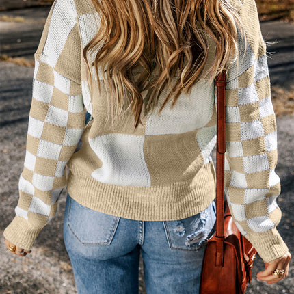 Checkered Round Neck Drop Shoulder Sweater