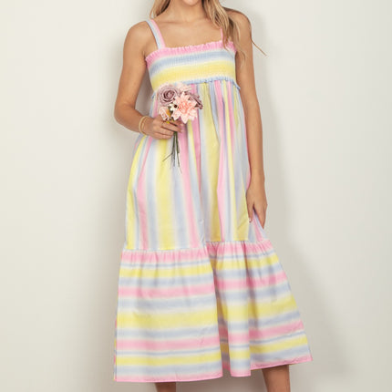 VERY J Striped Woven Smocked Midi Cami Dress