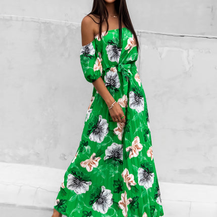 Pleated Floral Off-Shoulder Short Sleeve Midi Dress