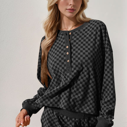 Double Take Checkered Half Button Top and Shorts Set - Vickie Lynn's