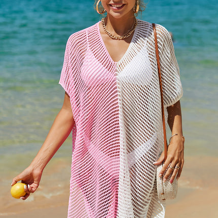 Double Take Openwork Contrast Slit Knit Cover Up