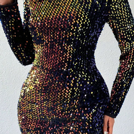 Sequin Round Neck Long Sleeve Mini Dress