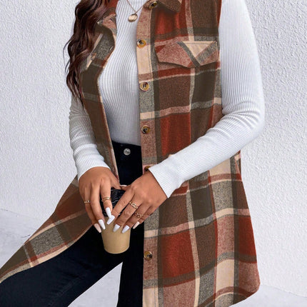 Honey Plus Size Pocketed Plaid Button Up Vest Coat - Vickie Lynn's