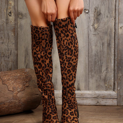 Leopard Round Toe Block Heel Boots