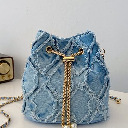 Chain Drawstring Raw Edge Denim Bucket Bag